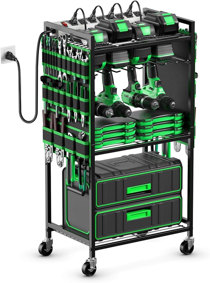 JUNNUJ Large Power Tool Organizer Cart with Charging Station, Garage Floor Standing Rolling Drill and Tools Battery Storage Cart on Wheels, Heavy Duty Rack Shelf with 8 Outlet Power Strip, Green by JUNNUJHome