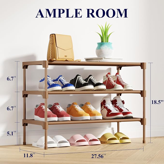 Kitsure Shoe Rack - Non-Woven Shoe Rack Shelf, Shoe Organizer for Closet, Entryway, Garage & Corridor, Stackable Shoe Shelves, 27.5" Wide - 3 Tier, Brown - Image 3