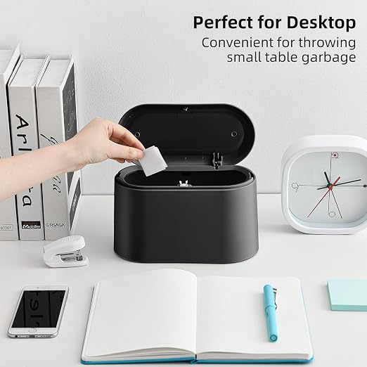 SUBEKYU 0.5 Gal Mini Countertop Trash Can with Lid for Desktop, Small Garbage Can for Office, Tiny Wastebasket, Plastic,Black - Image 5
