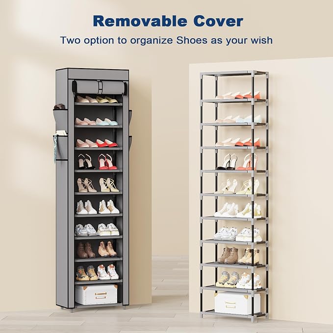 Mavivegue Shoe Rack with Cover, 10 Tier Tall Shoe Organizer for 18-22 Pairs of Shoes, Shoe Storage Organizer for Entryway, Closet, Garage, Grey, S - Image 5