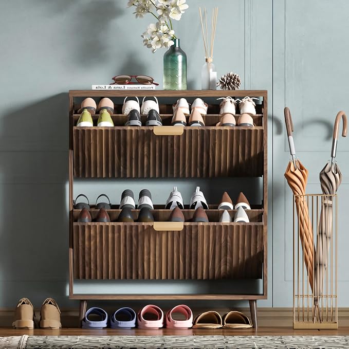Shoe Cabinet Storage, Modern Freestanding Organizer with 2 Flip Drawers, Narrow Shoe Rack for Entryway, Walnut by QIVOMIX