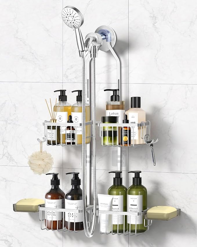 Adjustable Shower Caddy Hanging - Never Rust Shower Organizer Hanging, Aluminum Shower Racks for Inside Shower - Bathroom Organizers and Storage with 2 Soap Holders and 2 Removable Hooks, Silver by MSAICOE