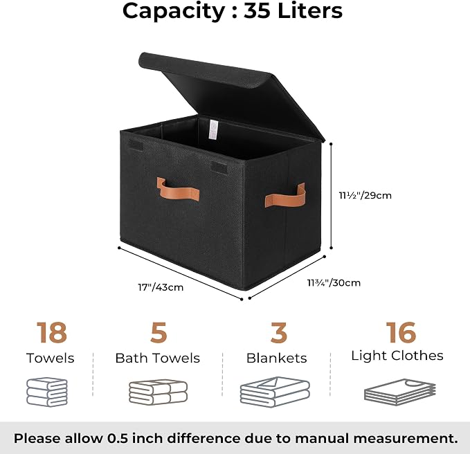 GRANNY SAYS Black Storage Bins with Lids, Decorative Storage Boxes with PU Handles, Linen Closet Organizer, Storage Baskets for Shelves, Fabric Storage Bins for Clothes, Extra Large - Image 5
