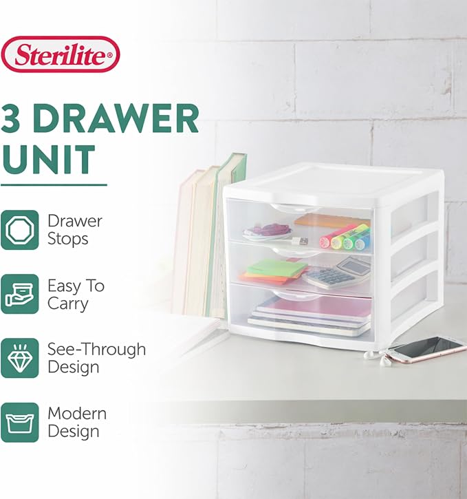 Sterilite 12-Pack Clearview 3-Drawer Cart, Small Plastic Storage Organizer Drawers, White - Organizing Drawer Containers for Bathroom, Closet, Kitchen, and Bedroom - Image 4