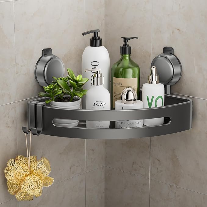 ONXE Shower Caddy Corner,Suction Cup Shower Caddy with Hooks,No Drilling Rustproof Aluminum Bathroom Organizers and Storage,Shelves for Bathroom Accessories Decor (1) by ONXEBornforqualityNeverWasteYourMoney