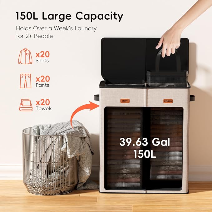 150L Double Laundry Hamper With Lid, Large Clothes Hampers with Removable Bag, Laundry Hamper 2 Section for Bathroom, Bedroom, Laundry Room, Dorm - Image 4