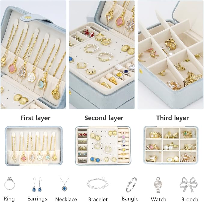 KOOAAICCHI Small Jewelry Box, Travel Jewelry Organizer, Portable Jewelry boxes for Women Girls Gift, Double Layers PU Leather Jewelry Holder for Rings, Earrings, Necklaces-Velvet Blue - Image 4