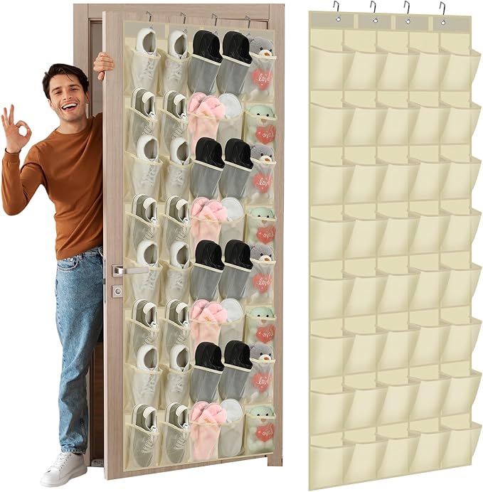 Windyun 40 Over the Door Shoe Organizer Large Breathable Mesh Pockets Hanging Shoe Rack for Closet Beige Behind Door Hanger Storage Holder Nonslip Hooks for Women Men Entryway Bedroom Utility Room by Windyun