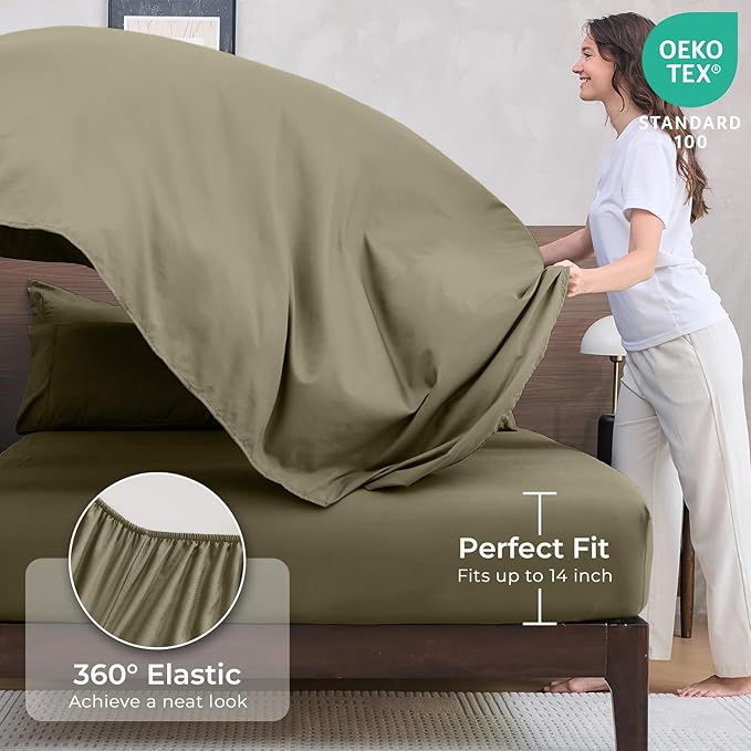 HEVUMYI Olive Green California King Comforter Set - 7-Piece All Season Bed in a Bag Cal King, Ultra Soft Bedding Set with Comforter, Flat Sheet, Fitted Sheet, Pillowcases, Pillow Shams