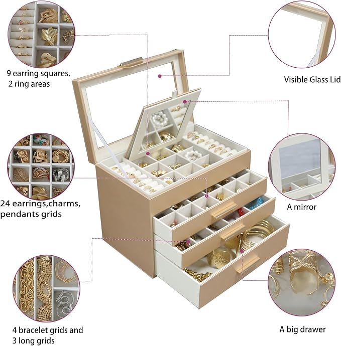BOOVO Jewelry Boxes for Women, White and Black 6 Layer Large Jewelry Box for Necklace, Bracelet, Earrings, Rings Storage, Jewelry holder Organizer for Girls Gift (Gold, 4 layer) - Image 5