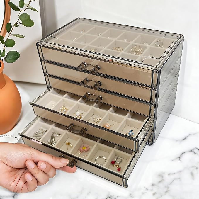 Acrylic Earring Holder Organizer with 5 Drawers Clear Earring Organizer Box with 90 Adjustable Grids Velvet Earring Display Case Jewelry Organizer for Earrings Rings Studs (Brown Beige) - Image 2