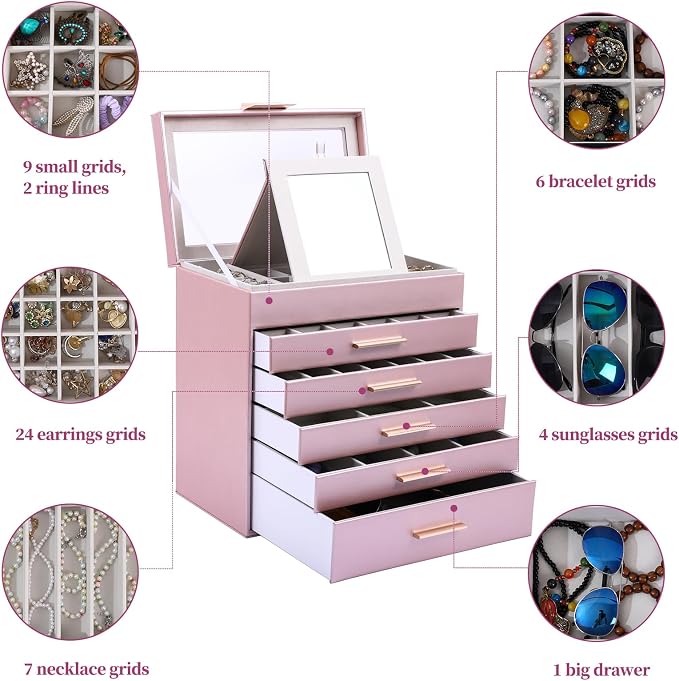 BOOVO Jewelry Boxes for Women, White and Black 6 Layer Large Jewelry Box for Necklace, Bracelet, Earrings, Rings Storage, Jewelry holder Organizer for Girls Gift (Rose gold, 6 layer) - Image 5