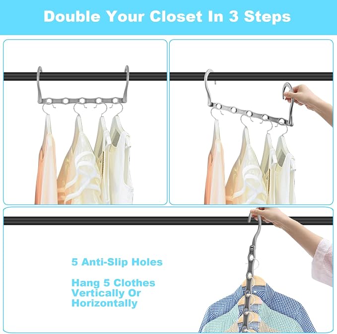 DUCOO Space Saving Hangers 10 Pack, Heavy Duty Magic Cascading Hanger Organizer with 5 Enclosed Anti-Slip Holes, Closet Organizers and Storage for Clothes, College Dorm Room Essentials, Gray - Image 4