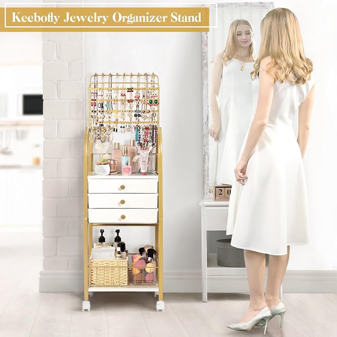Keebofly Large Jewelry Organizer Stand with 3 Box Drawer - Necklace Organizer Earring Storage Armoire Holder with Display for Earring Necklace Ring Bracelet Gold - Image 2