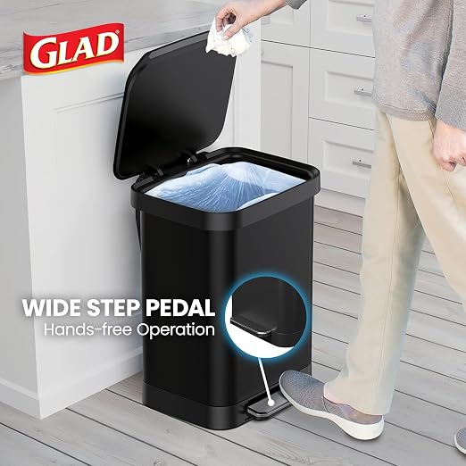 Glad Stainless Steel Step Trash Can, Series 2 with Clorox Protection - Large Black Kitchen Garbage Bin with Soft Close Lid, Foot Pedal and Waste Bag Roll Holder, 13 Gallon - Image 4