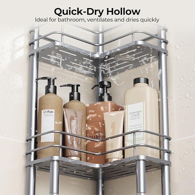Orimade Rustproof 4 Tier Floor Standing Corner Shower Caddy Organizer with Toothbrush Holder, Large Spacing Floor Shower Shelf Rack Storage Stands with Hooks for Bathroom Kitchen, Silver - Image 9