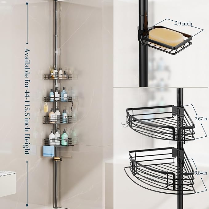 Consumest Corner Shower Caddy Tension Pole - Rustproof Shower Shelves with Towel Bar & Soap Holder, Adjustable Bath Organizer for Bathroom Storage, 27.6-108.3 inch, Black - Image 8