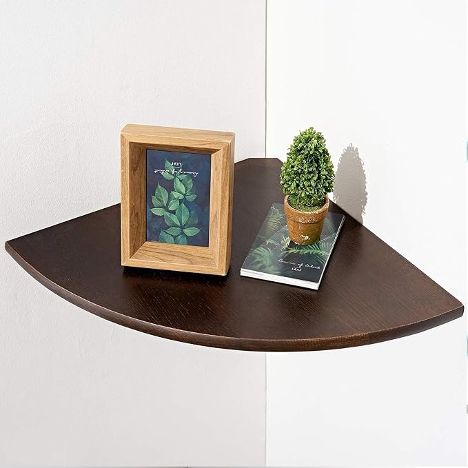 Corner Shelf,14inch Walnut Solid Wood Floating Corner Shelves Wall Mount Round End Floating Speaker Rack with Wire Hole for Small Plant for Bedroom Kitchen, Living Room by Coamily