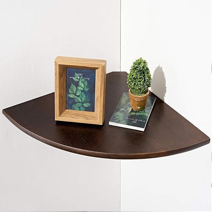 Corner Shelf,16inch Walnut Solid Wood Floating Corner Shelves Wall Mount Round End Floating Speaker Rack with Wire Hole for Small Plant for Bedroom Kitchen, Living Room by Coamily