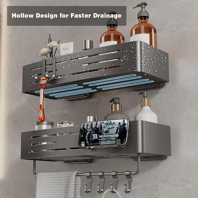 Voldra Shower Caddy Suction Cup, 3 Pack Shower Shelves for Inside Shower No Drilling, Aluminum Suction Showers Organizer with Towel Bar & Hooks Removable Bathroom Shelf Storage Rack(Gray) - Image 4