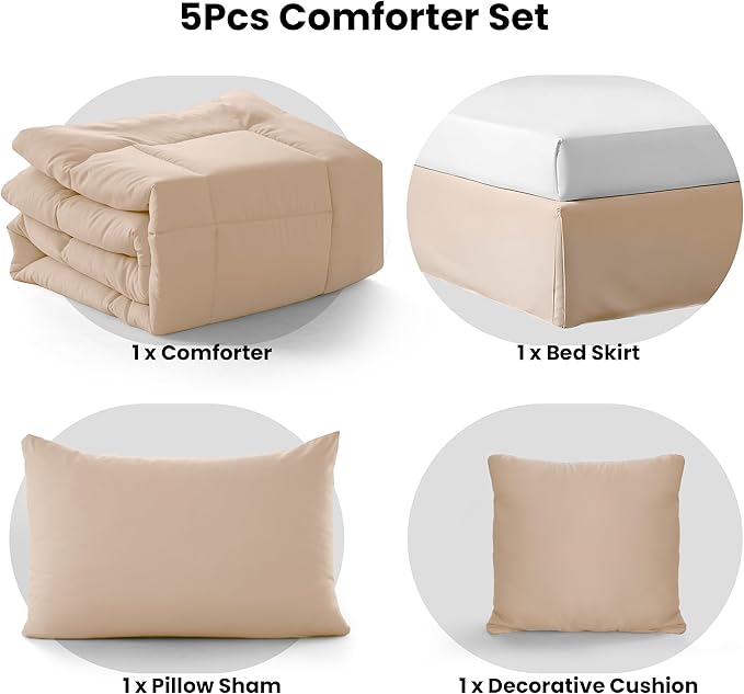 LUX Décor 4pc Twin Comforter Set, All-in-One Bed in a Bag, Includes 1 Comforter, 1 Pillow Shams, 1 Decorative Pillow & 1 Bed Skirt (Beige, Twin)
