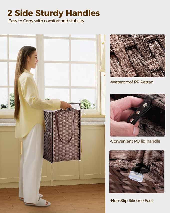 Greenstell Laundry Hamper with Wheels, No Install Needed, 90L Divided Handwoven Hampers & 2 Removable Liner Bags, Synthetic Rattan Clothes Laundry Basket with Lid & Handles, Foldable Hampers Brown - Image 7