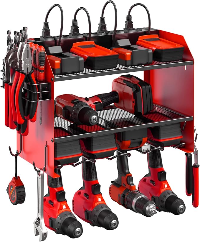 CCCEI Modular Power Tool Organizer Wall Mount with Charging Station. Garage Drill Storage Shelf with Hooks, Heavy Duty Rack, Tool Battery Holder Built in 8 Outlet. Gift for Men. Red, 1 Pack. by CCCEI
