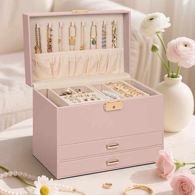 AKOZLIN Travel Jewelry Box Organizer Functional 2-trays Leather Jewelry Storage Case with Lockable Portable 2 Drawers for Women Girls Ring Necklace Earring Bracelet - Image 6