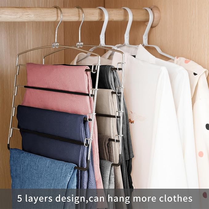 FeeraHozer Pants Hangers Non Slip 6 Pack Space Saving Hangers Multi-Layer Swing Arm Pants Hanger Stainless Steel Space Saver Hanger for Jeans Scarf Trouser Towel Clothes (Black) - Image 2