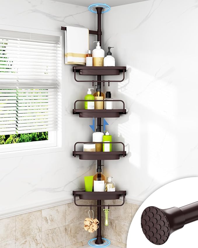 ALLZONE Corner Shower Caddy Tension Pole, Extendable Rustproof Stainless Steel Pole & 4-Tier Adjustable Shelves for Easy Drainage and Built-to-Last Stability, 34 to 116 Inches, Brown by ALLZONE