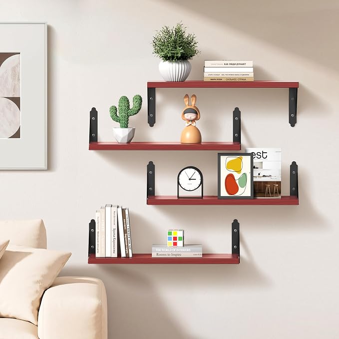 ROMGUAR CRAFT Wood Floating Shelves Set of 4, Rustic Storage Decor Wall Shelves, Wall Mounted Shelf for Living Room, Bedroom 17" x 6", Red - Image 2