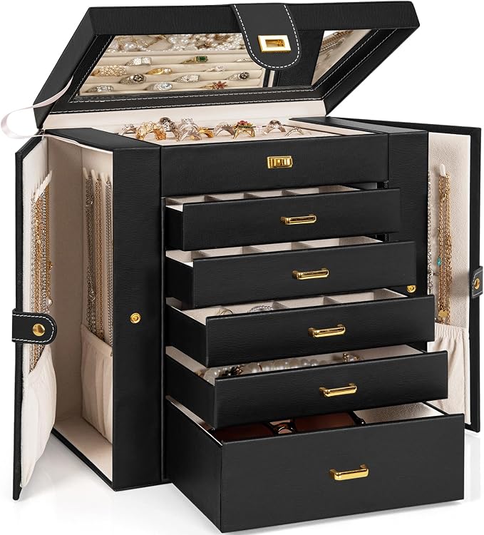 AKOZLIN Huge Jewelry Box Organizer Functional Extra Large Leather Jewelry Storage Case for Women Girls Ring Necklace Earring Bracelet Holder Organizer with Mirror Black by AKOZLIN