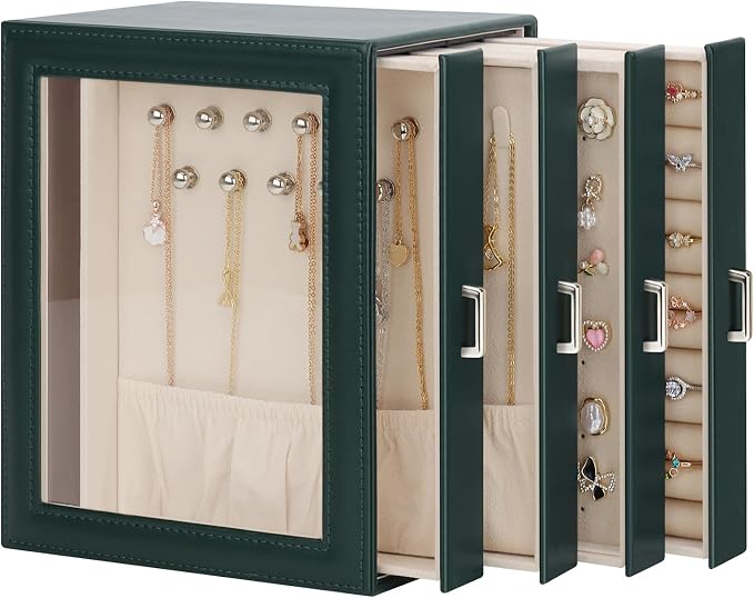 DesignSter Jewelry Box Organizer, Jewelry Box for Women, PU Jewelry Organizer Display Case with Side Drawers, Jewelry Storage for Earring Necklace Ring Bracelet Watch by DesignSter