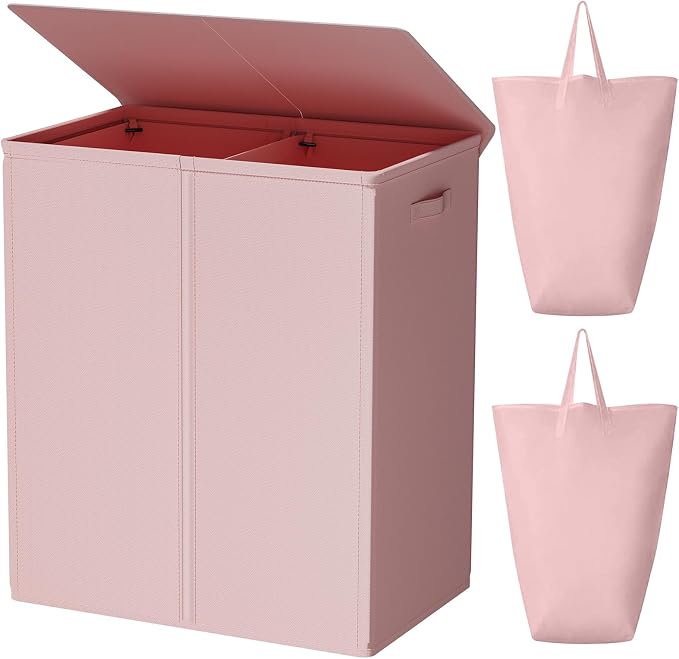 WOWLIVE 154L Double Laundry Hamper with Lid and Removable Laundry Bags, Large Dirty Clothes Hamper 2 section Collapsible Laundry Basket Dorm Room Storage for Bedroom, Bathroom, College,Pink by WOWLIVE