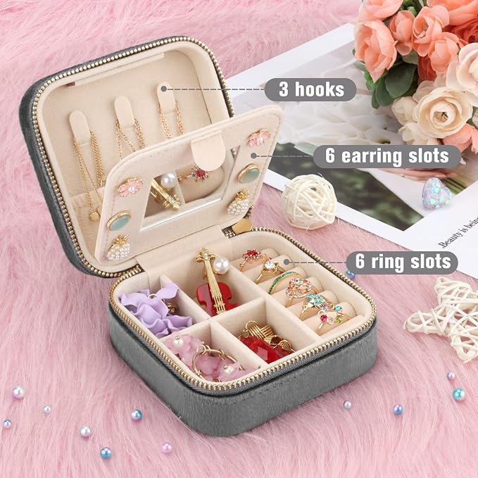 DesignSter Travel Jewelry Box - Velvet Mini Jewelry Organizer, Small Jewelry Case for Girls Women, Jewelry Storage Box for Rings Earrings Necklace (Square, Cool Gray) - Image 4