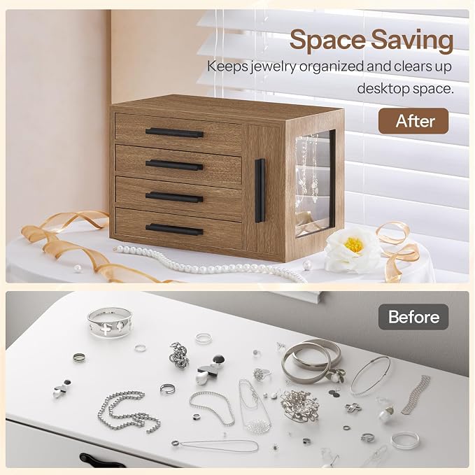 HOOBRO Jewelry Box for Women, Wooden Jewelry Organizer with Transparent Window, 4-Layer Jewelry Organizer Box, Jewelry Holder Organizer for Earrings, Necklaces, Rings, Light Walnut and Black BSD09JB04 - Image 8
