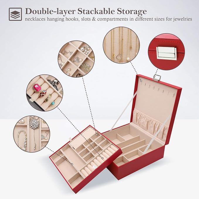 ProCase Jewelry Box for Women, 2 Layers Large Leather Jewelry Organizer Storage Case with Removable Pad for Earrings -Red - Image 2