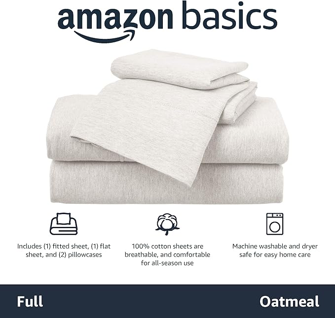 Amazon Basics 4 Piece Breathable 100% Cotton Jersey Knit Sheet Set, Stretchy Lightweight, Includes Flat and Fitted Sheets, Pillowcase, Full, Oatmeal