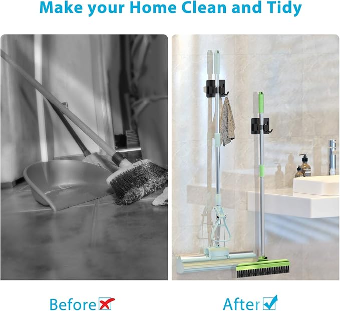 homeasy Mop Broom Holder No Drill, Mop Broom Organizer Wall Mounted Heavy Duty with Hooks Hanger, Self Adhesive Stainless Steel 6Pcs for Bathroom, Kitchen, Office (Black) - Image 9
