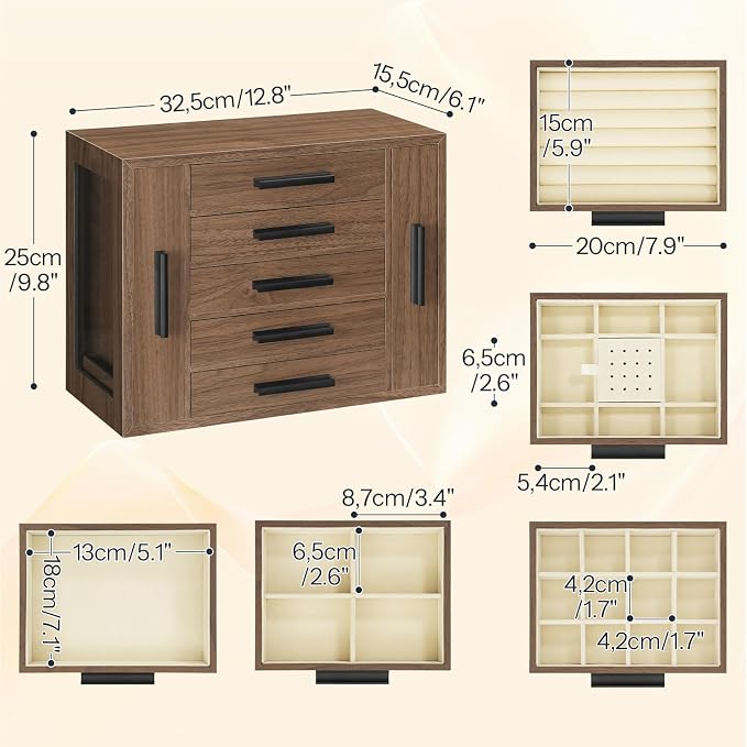 HOOBRO 5-Tier Jewelry Box, Wooden Jewelry Organizer with Transparent Windows, Jewelry Storage Box with 2 Vertical Drawers, for Earring, Necklace, Bracelet, Ring, Watch, Walnut and Black BH19JB04 - Image 5
