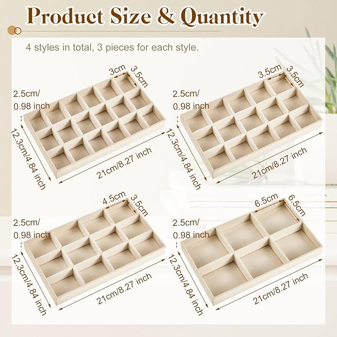 Junkin 12 Pcs Jewelry Tray Velvet Stackable Jewelry Organizer Trays Divided Earring Accessories Storage Containers Box (Rose Red) - Image 2