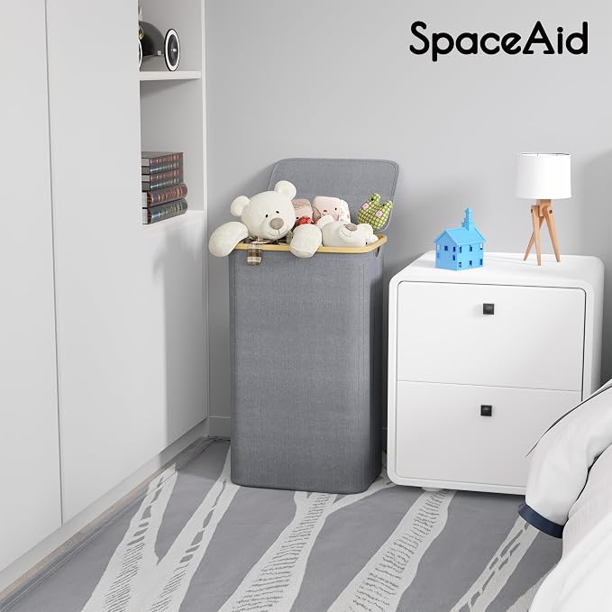 SpaceAid Laundry Hamper with Lid, 110L Large Tall Clothes Basket Bin with Bamboo Handles, Collapsible Laundry Hamper for Bedroom, Bathroom, Dorm, Laundry Room - Grey - Image 6