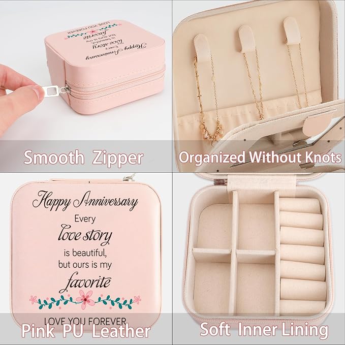 Wedding Anniversary Keepsake Gift for Her Wife Girlfriend Romantic Happy Anniversary Marriage Gift for Women Pink Portable Travel Jewelry Box with Mirror Jewelry Display Case Holder Organizer - Image 4