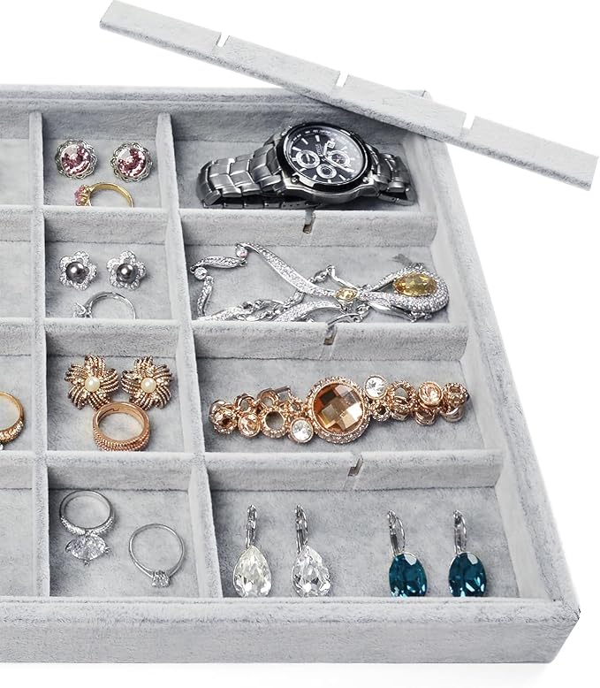Oirlv 24 Grid Ice Velvet Jewelry Drawer Organizer Tray Stackable Jewelry Trays Removable Dividers for Rings Earring Storage Display - Image 7