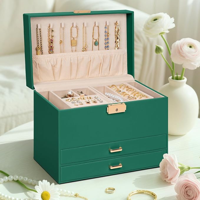 AKOZLIN Travel Jewelry Box Organizer Functional 2-trays Leather Jewelry Storage Case with Lockable Portable 2 Drawers for Women Girls Ring Necklace Earring Bracelet - Image 5