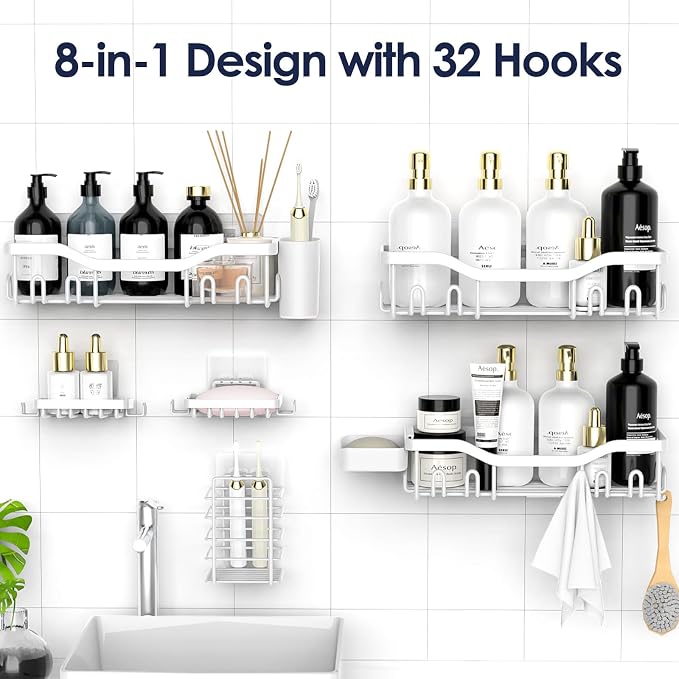 NESOMI Shower Caddy Adhesive Shower Organizer 8-Pack, Rustproof Stainless Steel Bathroom Shelves, Large Capacity No-Drill Rack Storage Accessories with Soap Dish Toothbrush Holder Hooks - Image 4