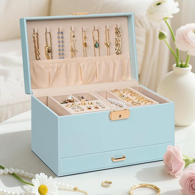 AKOZLIN Travel Jewelry Box Organizer Functional 2-trays Leather Jewelry Storage Case with Lockable Portable Drawer for Women Girls Ring Necklace Earring Bracelet - Image 7