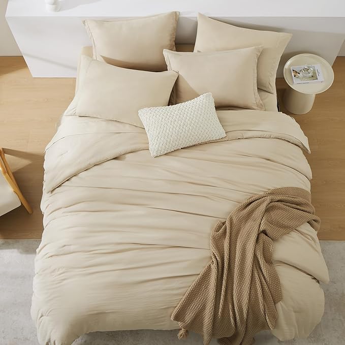 WRENSONGE King Size Comforter Set, 7 Pieces Beige Soft Bed in a Bag King with Fitted Sheet, Flat Sheet, 2 Pillow Shams, and 2 Pillowcases- Warm Bedding Set for All Season