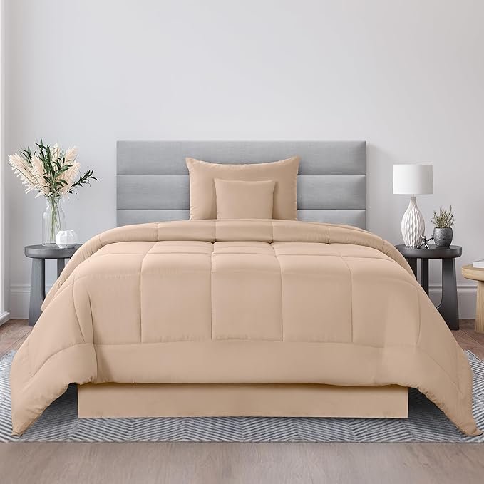 LUX Décor 4pc Twin Comforter Set, All-in-One Bed in a Bag, Includes 1 Comforter, 1 Pillow Shams, 1 Decorative Pillow & 1 Bed Skirt (Beige, Twin)