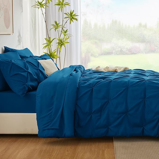 CozyLux Full Size Comforter Sets Teal, 7 Pieces Pintuck Bed in A Bag Teal Comforter Full Size, Pinch Pleat Bedding Sets with All Season Comforter, Sheets, Pillowcases & Shams